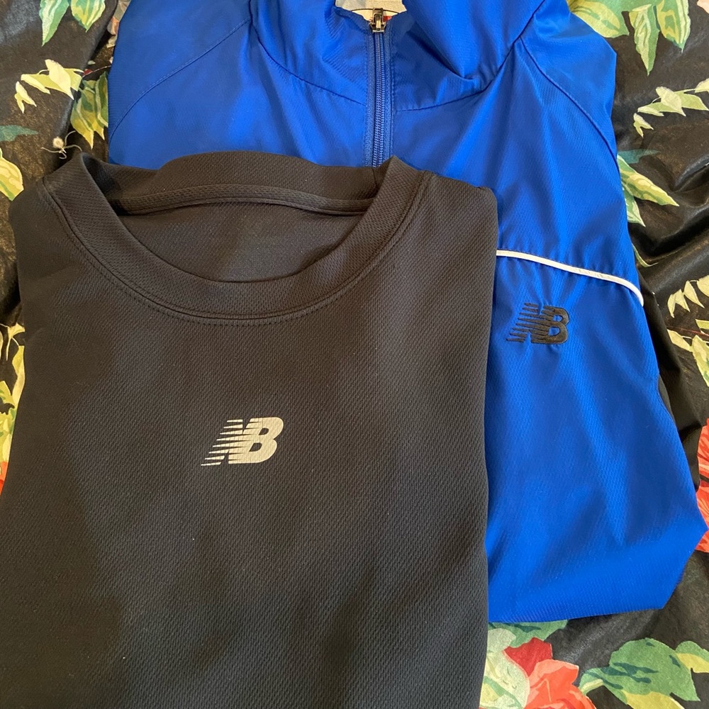 NEW BALANCE Mens M Black Blue Short Sleeve Workout Top & Jacket Set Great Look!